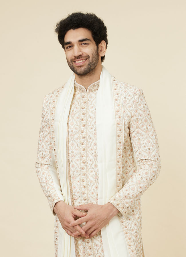 alt message - Manyavar Men Cream Aari Embroidered Sherwani Set image number 0